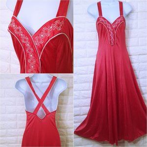 Vintage 70s Maxi Nightgown Cross-X Straps S(4/6) Princess Embellished Trim Coral